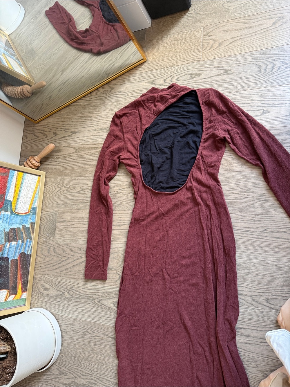FARM Rio Burgundy / brown Long-Sleeve Open-Back Maxi Dress